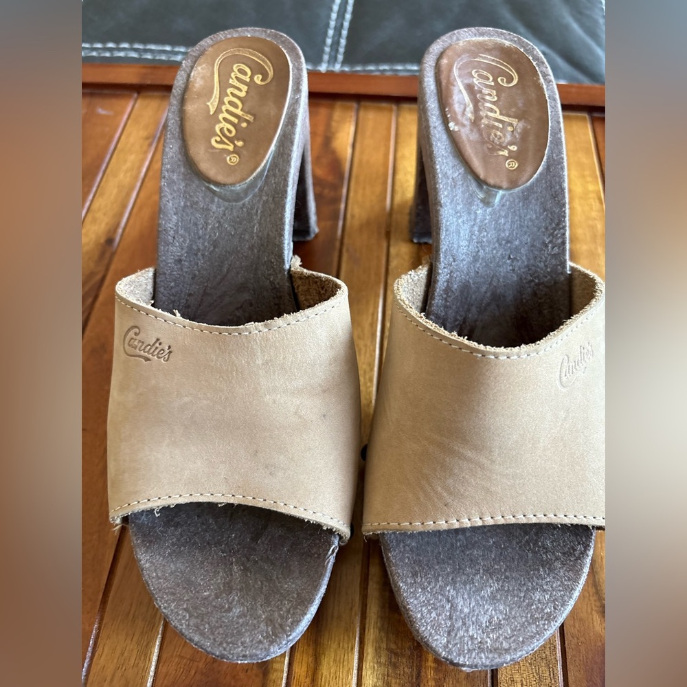 Candies Original Sandals Tan High Block Heels Slides 7 1/2 Italy